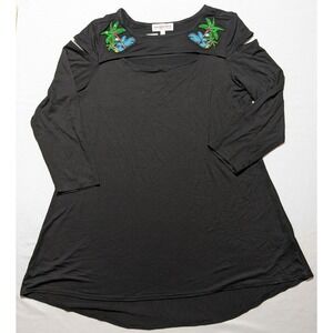 MISCHA Women Large Black Rayon Stretch Embellished Palm Tree Accents Top NEW